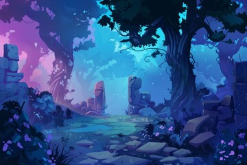 Naklejka premium Enchanting night scene with ancient stone ruins marking the entrance to a mystical forest path, illuminated by a soft, otherworldly glow