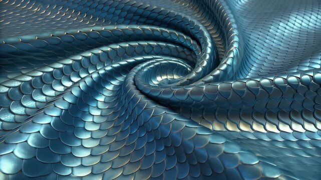 Metallic blue-green scales swirl across a shimmering surface creating a captivating background