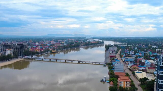 Kampot city southern Cambodia on the Preaek Tuek Chhu River, aerial drone Southeast Asia