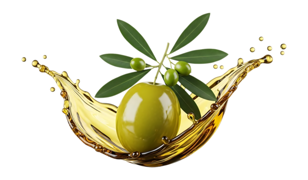 Green olive with leaves and golden oil splash isolated on a transparent background