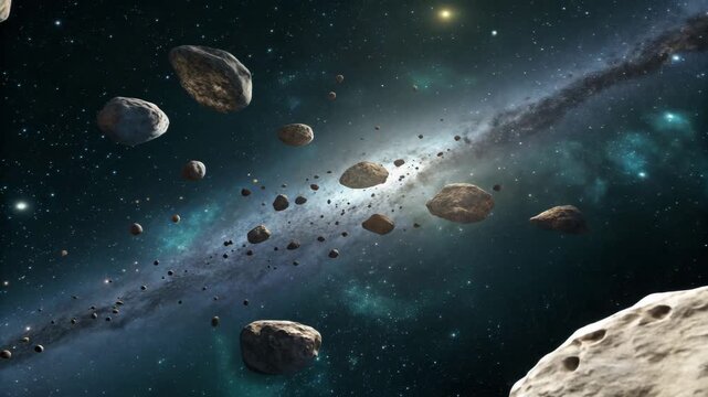 Numerous rocky asteroids and space debris drifting through the vastness of deep space against a luminous galaxy background