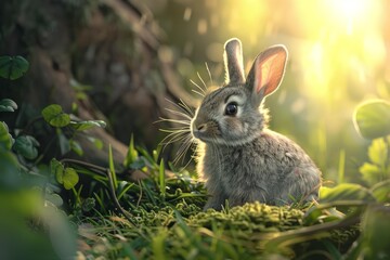 Adorable baby rabbit sits in a sunlit forest, surrounded by vibrant greenery and moss
