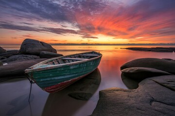 Serene boat anchored by rocky shoreline at sunset