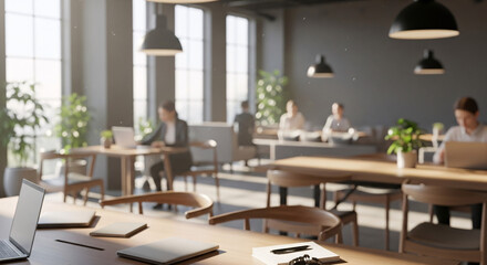 Modern coworking space with people working on laptops and plants