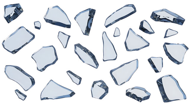 Scattered shards of clear glass reflecting light isolated on a transparent background