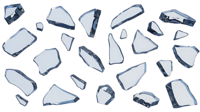 Scattered shards of clear glass reflecting light isolated on a transparent background