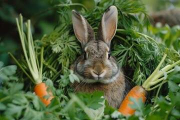 Adorable brown rabbit surrounded by fresh carrots and lush green grass, enjoying a healthy meal in its natural habitat