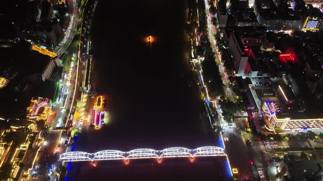Lanzhou Bridge at Night - Gansu, China Aerial View with LED Lighting