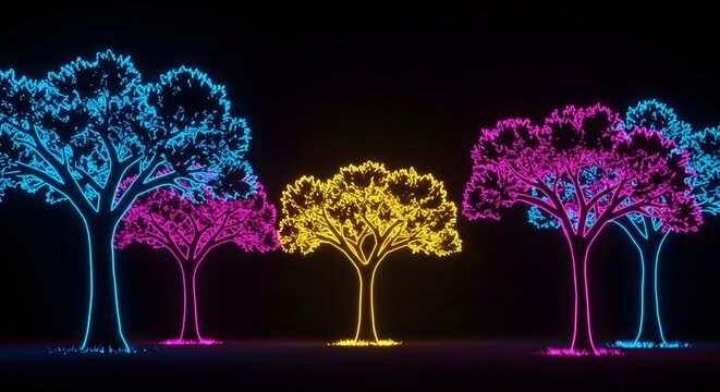 Vibrant Neon Trees in a Dark, Abstract Forest Landscape