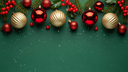 Festive Green Background with Red and Gold Christmas Baubles and Holly Berries