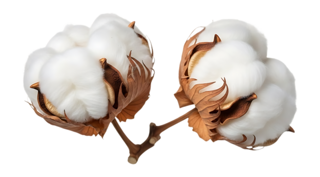 Two fluffy white cotton bolls on branch isolated on a transparent background plant