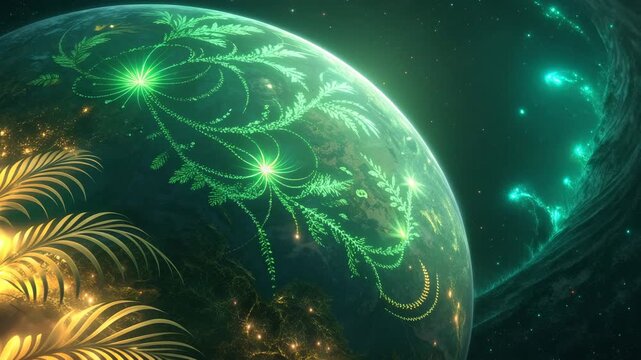 Planet Earth with glowing green vine patterns and sparkling lights in a vast cosmic environment