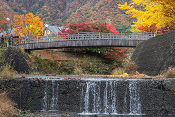 Wooden bridge over small waterfall in autumn forest landscape near Saiko Lake, Saiko, Fujikawaguchiko, Minamitsuru District, Yamanashi, Japan