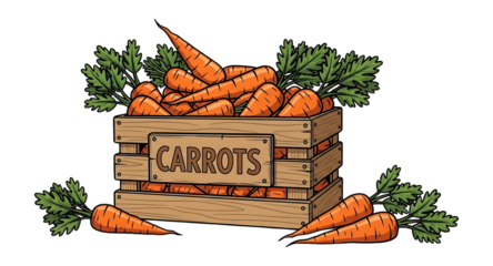 Wooden crate overflowing with orange carrots isolated on a transparent background