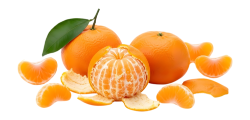 Whole and Peeled Tangerines with Segments isolated on a transparent background orange