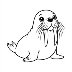 A Cute walrus with long whiskers and tusks black line art, white background