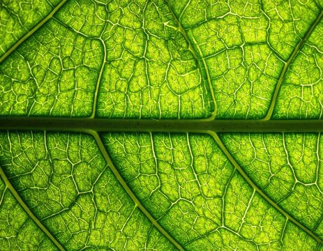 Macro photograph showcasing the intricate vein structure of a vibrant green leaf illuminated from behind.