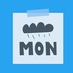 Monday Sticker. Paper label with MON. text and rain cloud for weekly planning. For planner designs, productivity apps and Monday motivation graphics.