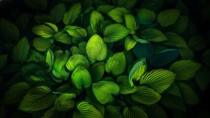 Vibrant green leaves with detailed veins in a dark forest setting