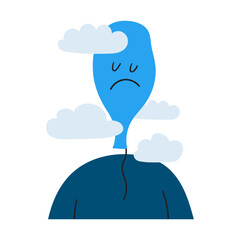 Deflated Balloon Person. Minimal figure with deflated blue balloon head in clouds. For seasonal depression content, psychology infographics and mood disorder materials.