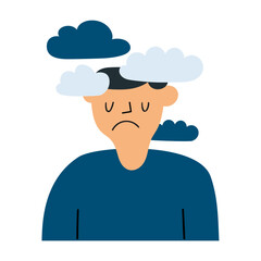 Depression Cloud Mind. Minimal sad person with cloud head for confused thinking. For mental health resources, counseling presentations and emotional wellness content.
