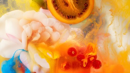 Abstract explosion of color with fruit and ink in water