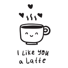 Happy Coffee Lover. Hand drawn outline mug with smiley face, hearts and romantic quote. For cheerful social media content, cafe decorations and gift items.