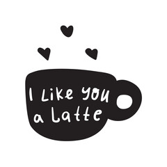 Latte Love Mug. Black coffee cup silhouette with hearts and romantic text. For Valentine's day promotions, coffee shop branding and love-themed products.