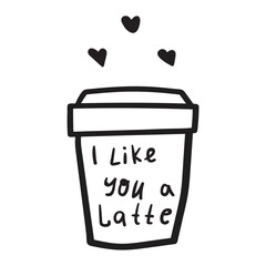 Coffee Love Sticker. Hand drawn outline mug with funny text - I like you a latte. For romantic social media posts, cafe merchandise and dating app graphics.
