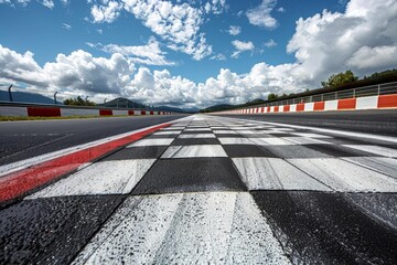 Naklejka premium Checkered flag pattern at the finish line of a motorsports circuit with cloudy sky