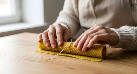 Person's hands carefully rolling a natural beeswax candle on a light wooden table for a handmade craft concept and eco-friendly hobby.