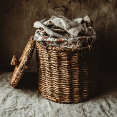 A close up shot of a rustic wicker basket filled with folded fabric, set against a textured, dimly lit wall.