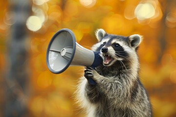 Obraz premium Raccoon holding megaphone and communicating something important in autumn forest