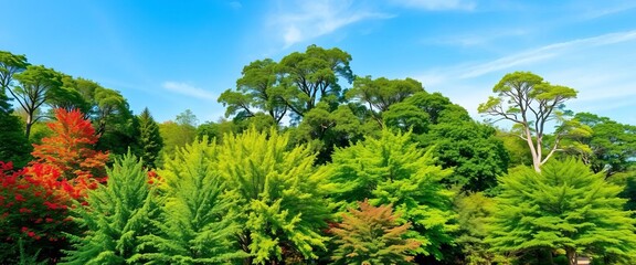 Lush green park with towering trees and vibrant foliage under a clear sky,  urban,  cityscape