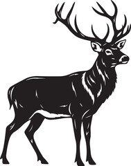 Fototapeta premium Black silhouette of a majestic stag with large antlers on white background deer black and white