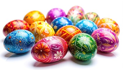 A vibrant collection of intricately decorated Easter eggs against a bright white background.