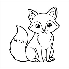 A Fox sitting calmly with a bushy tail black line art, white background