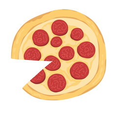 pizza on a white background. pizza. food.  italian food. cheese. pepperoni. cartoon. eat. delicious. yummy. red. yellow. circle.