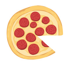 pizza on a white background. pizza. food.  italian food. cheese. pepperoni. cartoon. eat. delicious. yummy. red. yellow. circle.