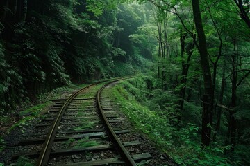 Mossy railway tracks disappearing into a misty, dense green forest, creating a mysterious and captivating atmosphere