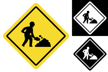 Graphic safety alert symbol for work areas, depicting a person shoveling earth, presented in yellow and black, and also in monochrome variations for diverse applications
