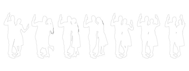 Man and woman make selfies on phone, set of contours. Vector illustration.