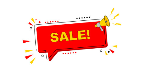 Vibrant red speech bubble with 'SALE!' text and megaphone graphic, perfect for marketing campaigns, online promotions, and special discount announcements