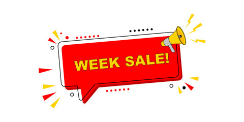 Dynamic red speech bubble with 'WEEK SALE!' text and megaphone, ideal for promoting limited-time discounts, special offers, and marketing campaigns