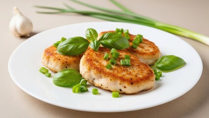 Delicious golden-brown chicken cutlets garnished with fresh basil and chopped green onions, presented on a white plate for a gourmet meal
