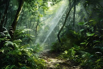 Obraz premium Bright sunbeams illuminate a path through a lush, green tropical rainforest, creating a magical atmosphere