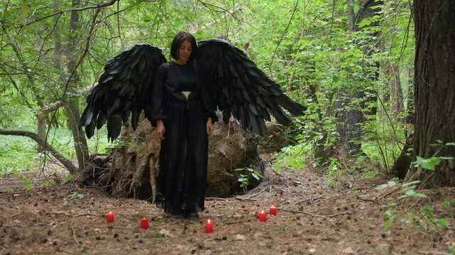 Black forest fairy dressed in flowing dark gown stands before five glowing candles on forest ground, steps forward kneel in quiet devotion, performing sacred prayer to gods