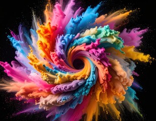 Vibrant multicolored powder explosion forming a swirling vortex against a black background.