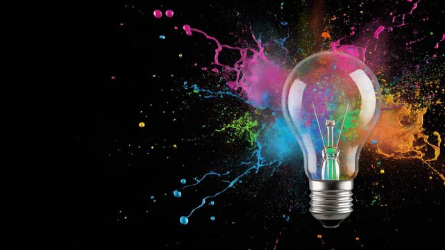 Illuminated glass lightbulb surrounded by explosion of rainbow paint on stark black background, showcasing creativity