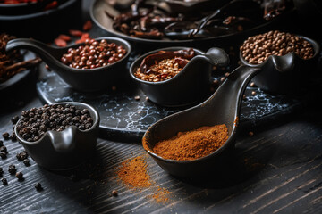Variety of dried spices and herbs in spoons and bowls on dark wooden background.
